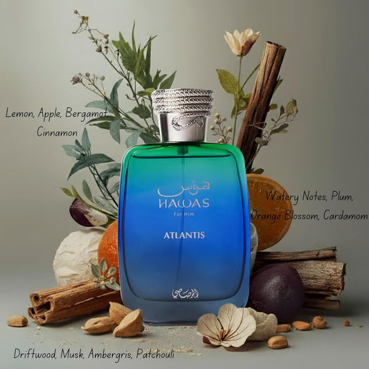 Rasasi Hawas Atlantis Eau De Parfum For Men 100ml Bottle and Packaging