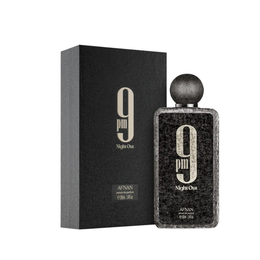 Afnan 9PM Night Out Extrait De Parfum Unisex 100ml Bottle and Packaging