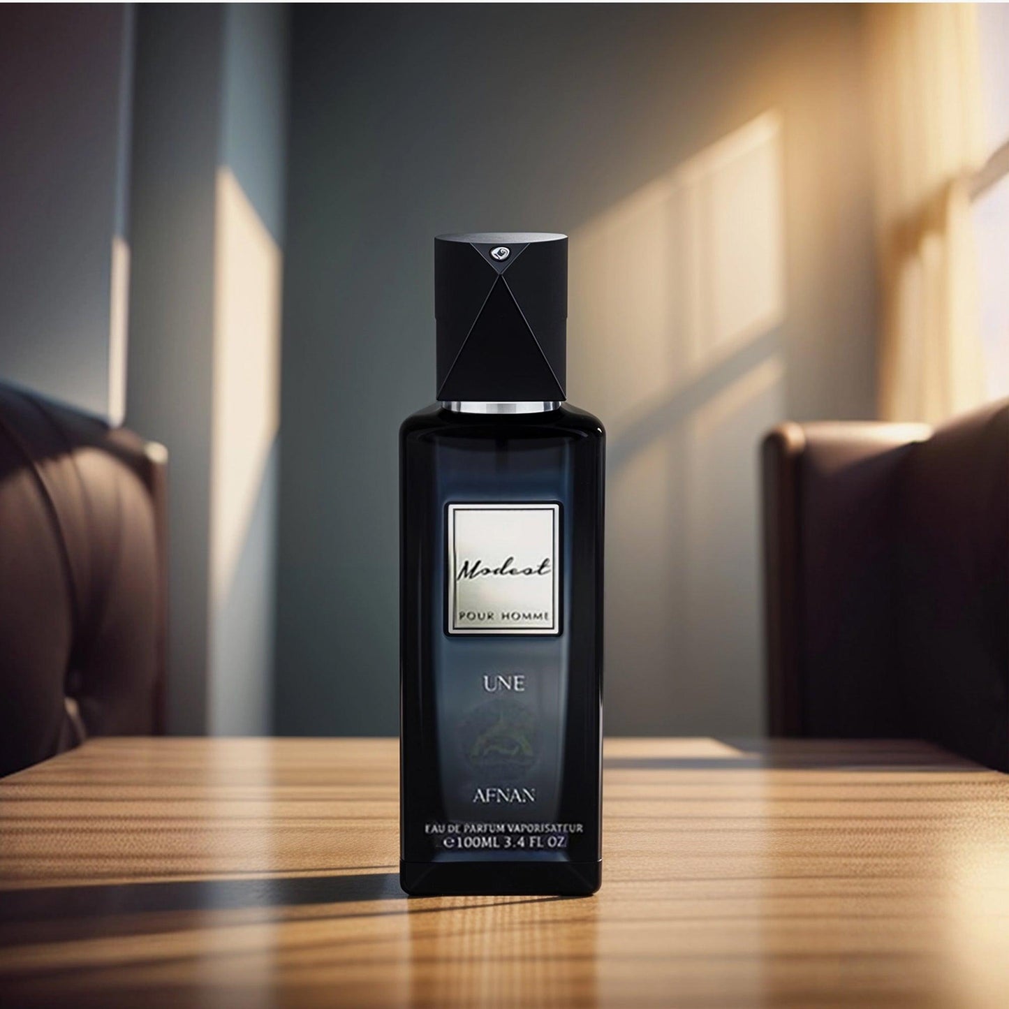 Afnan Modest Une Pour Homme Eau De Parfum black bottle displayed on a wooden table with soft natural light coming through a modern interior background