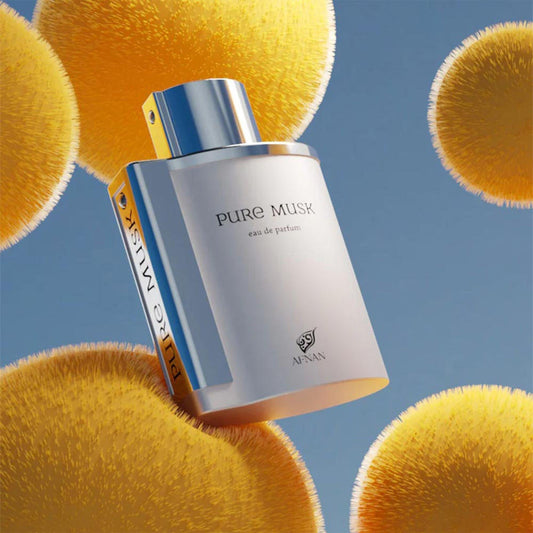 Afnan Pure Musk Eau De Parfum bottle on blue background.