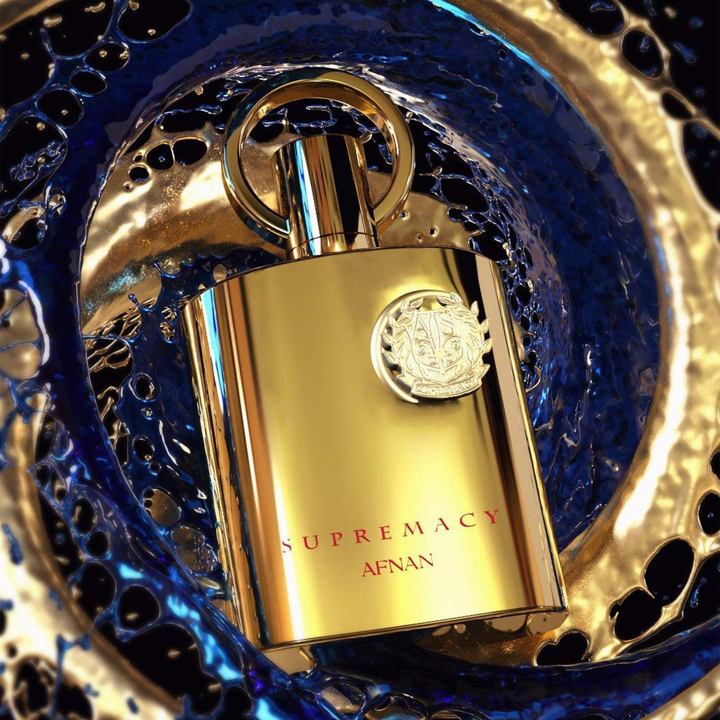 Afnan Supremacy perfume bottle in luxurious gold with a silver emblem, placed on a metallic blue and gold textured background symbolizing opulence and power