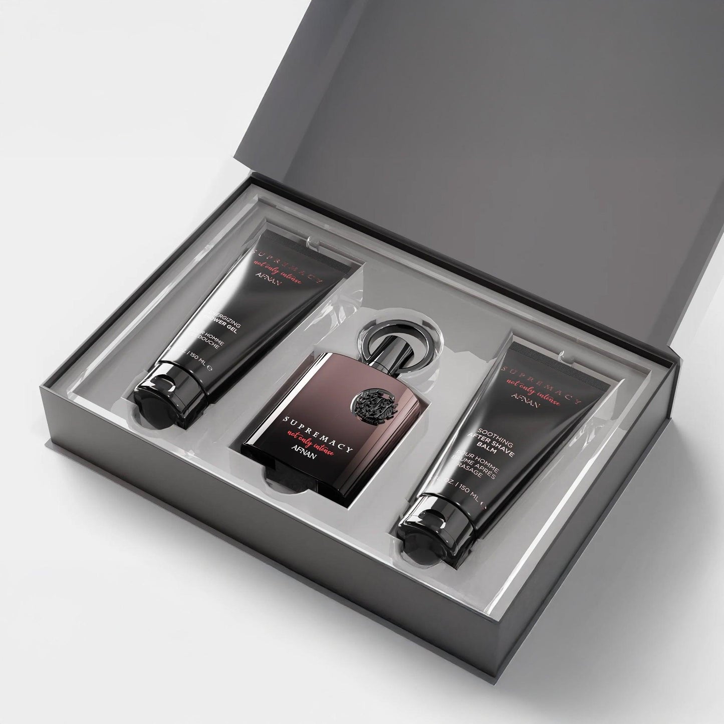 Afnan Supremacy Men’s fragrance set in a gift box with perfume, Energizing Shower Gel, and Soothing After Shave Balm arranged inside