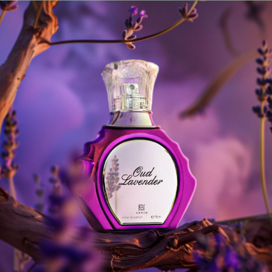 Ahmed Al Maghribi Oud Lavender Extrait De Parfum Unisex 75ml Bottle and Packaging