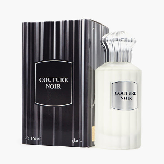 Couture Noir Eau De Parfum 100ml bottle in frosted white design placed beside its black striped packaging box on a white background
