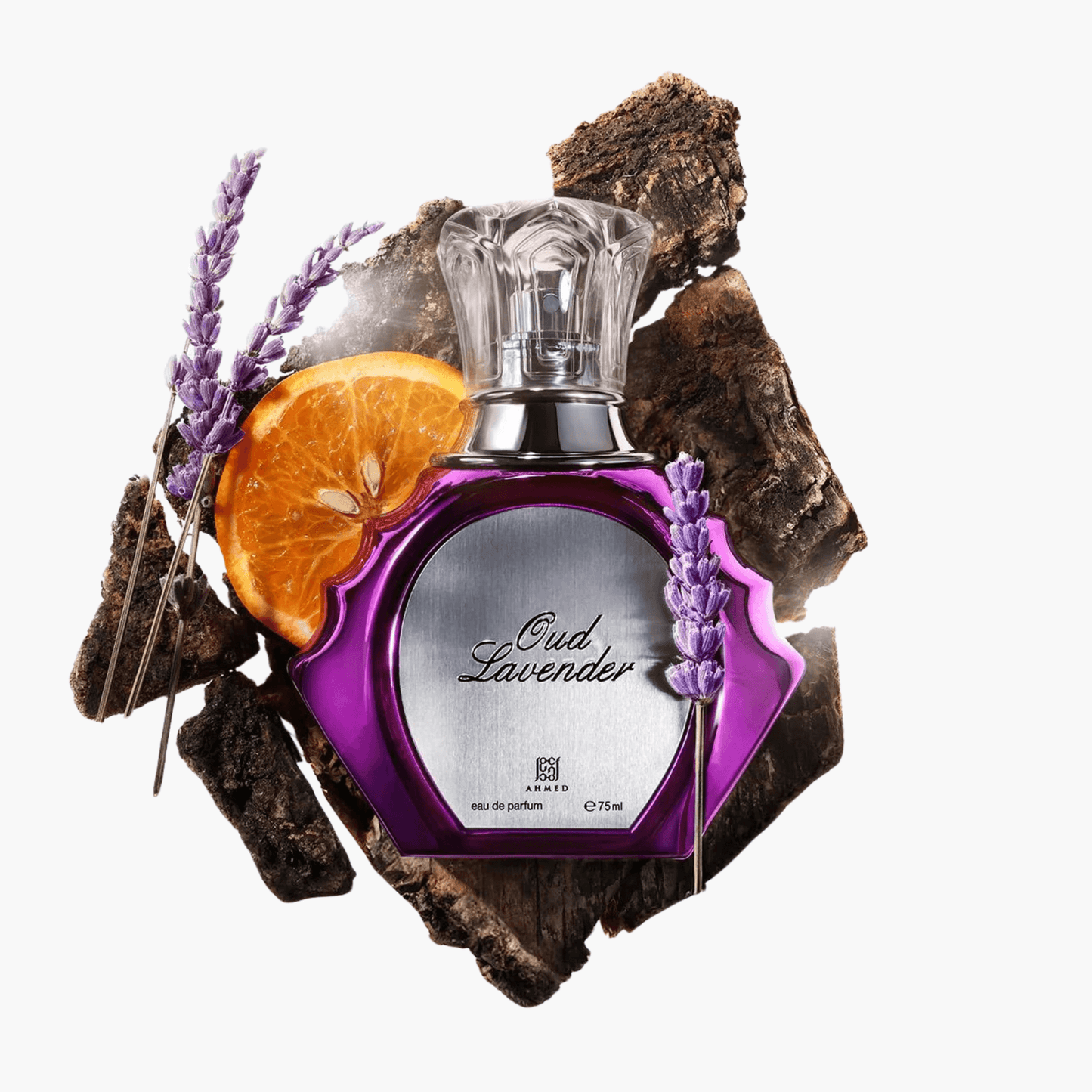 Oud Lavender Eau De Parfum 75ml bottle in a luxurious purple design placed with lavender sprigs, orange slice, and oud wood to reflect its floral and woody scent profile