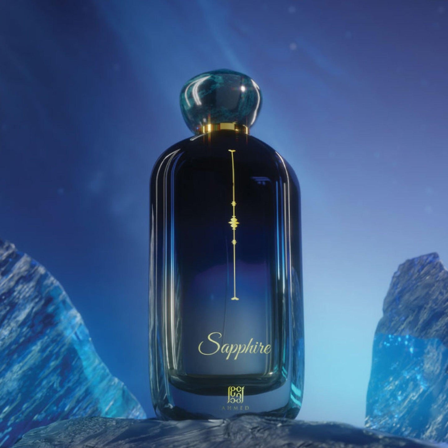 Ahmed Sapphire Eau De Parfum in a deep blue bottle with gold detailing, elegantly placed among blue stones under a cool, glowing light that enhances its luxurious appeal