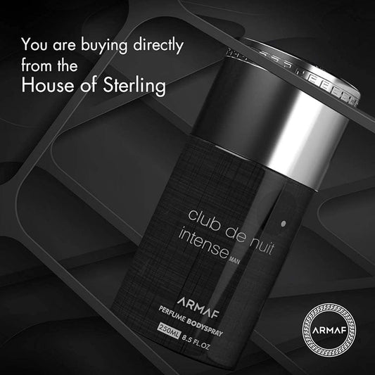Armaf Club De Nuit Intense Man body spray bottle on dark background.