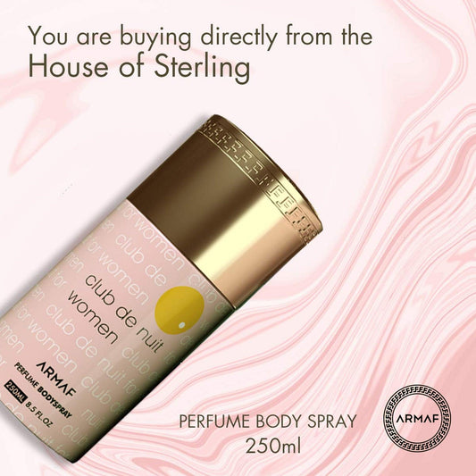 Armaf Club De Nuit Women body spray bottle on pink background.