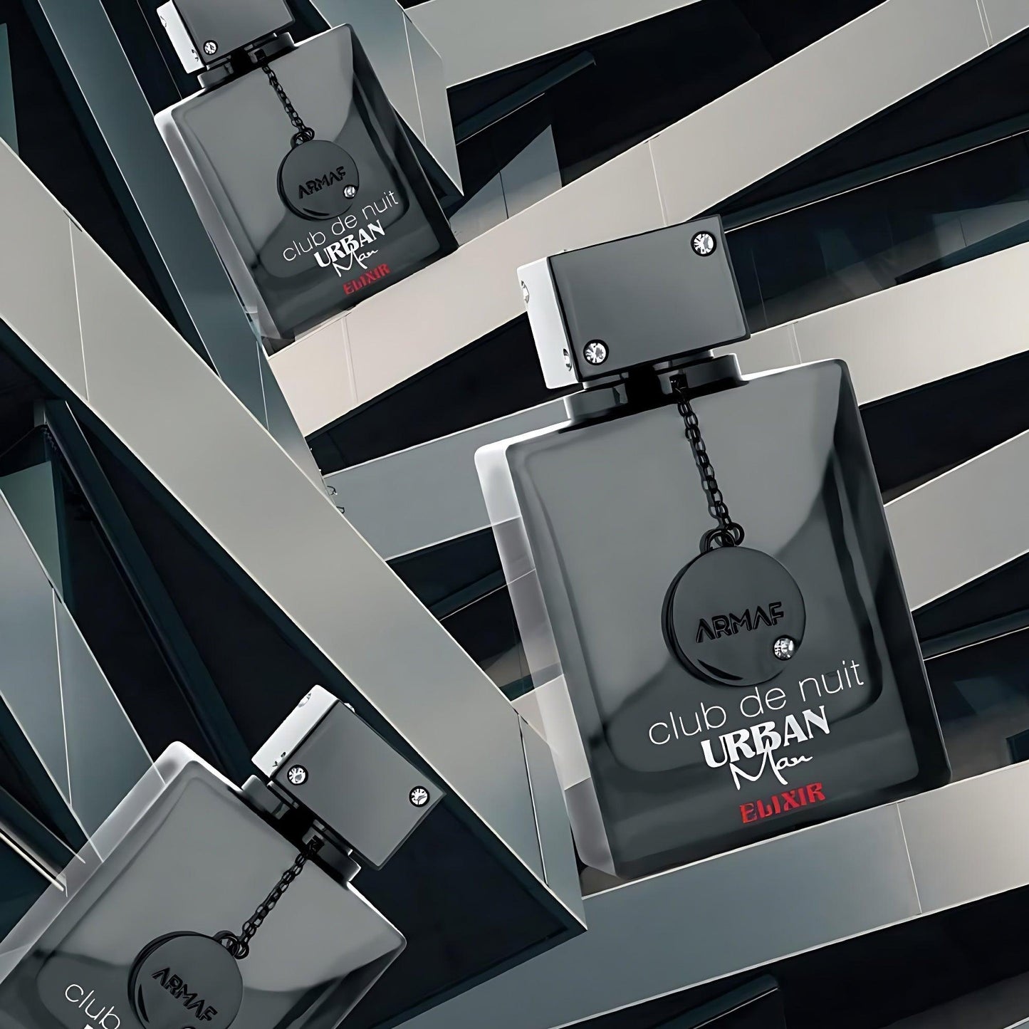 Armaf Club De Nuit Urban Man Elixir perfume bottle in sleek metallic black design, reflected across geometric mirrors, symbolizing modern masculinity and sophistication
