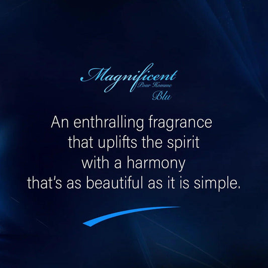 Magnificent Pour Homme Blu perfume promotional image with poetic fragrance quote on a dark blue textured background
