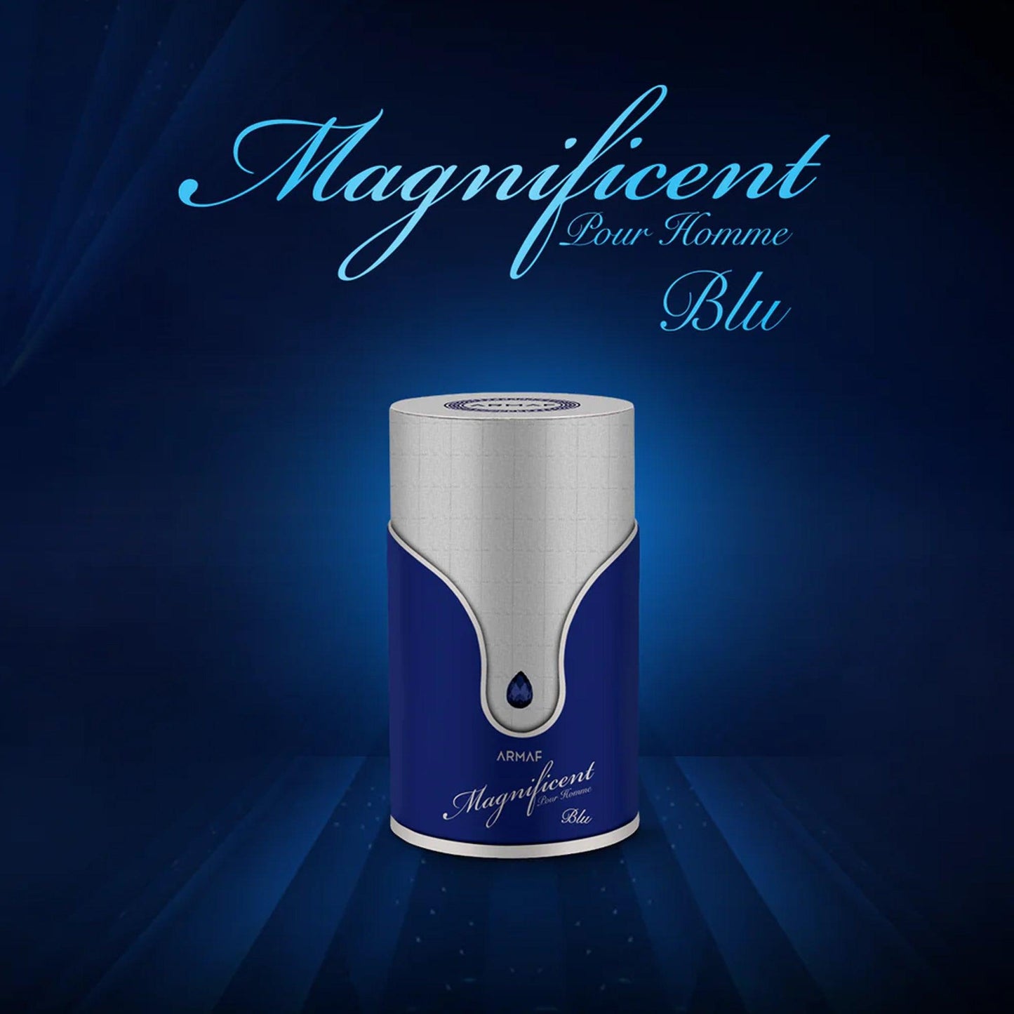 Armaf Magnificent Pour Homme Blu Eau De Parfum bottle in silver and blue design displayed against a glowing dark blue background with elegant typography