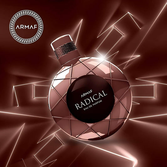 Armaf Radical Eau De Parfum round metallic bottle in bronze color displayed on a glowing geometric brown background with illuminated lines