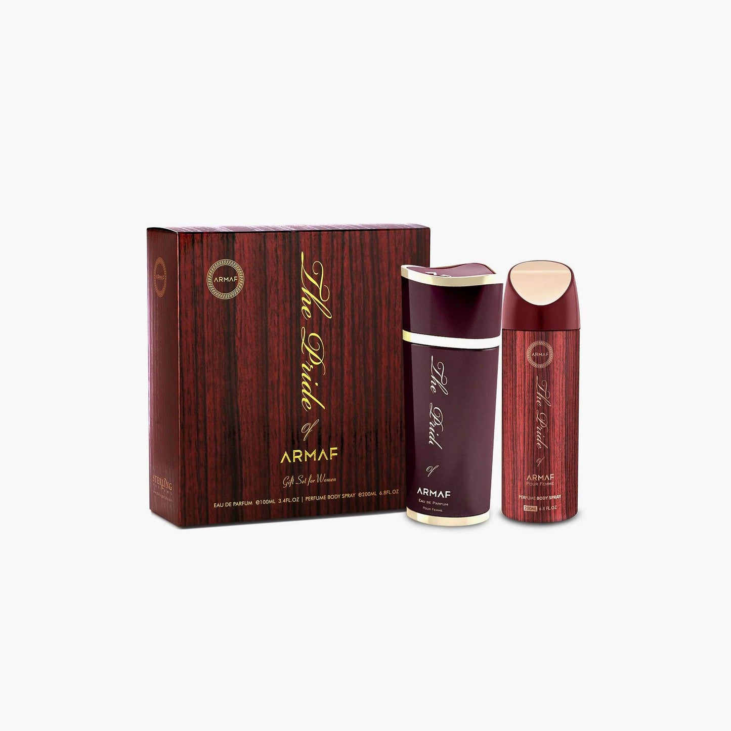 Armaf The Pride Of Armaf gift set featuring a maroon and gold perfume bottle, matching deodorant spray, and elegant wood-textured gift box displayed on a white background.