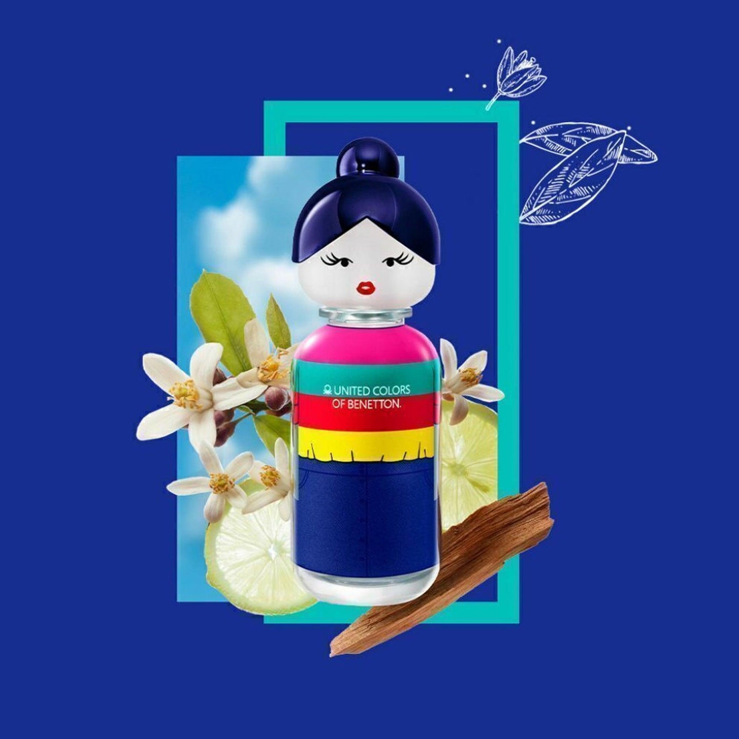 United Colors of Benetton perfume bottle designed like a colorful doll with floral and citrus accents in the background, set against a deep blue backdrop for a playful and vibrant look