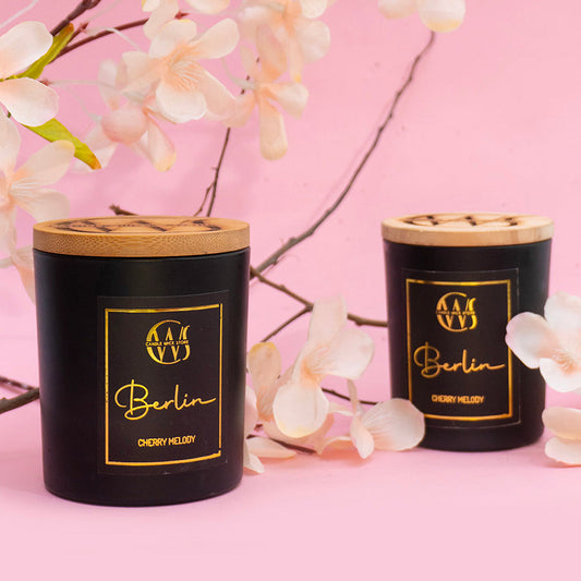 Candle Wick Store Berlin Candle with Cherry Melody Scent Bottle and Packaging