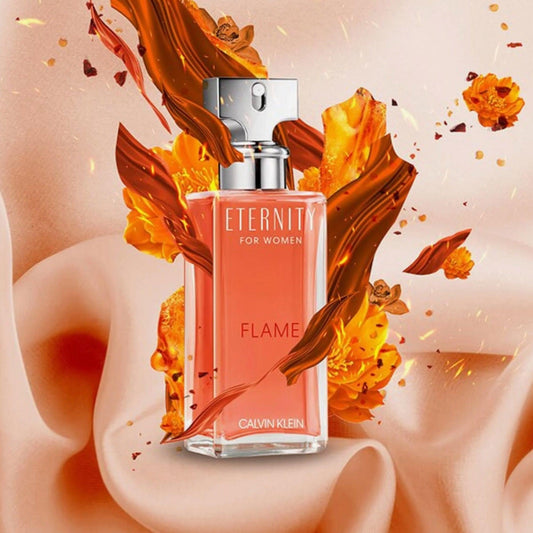 Calvin Klein Eternity Flame perfume for women bottle with fiery floral background.