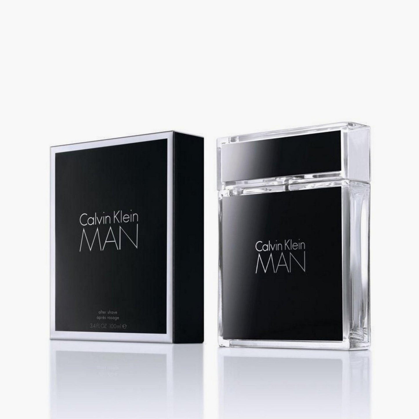 Calvin Klein Man Eau de Toilette 100ml Bottle and Box slightly tilted With Black Background