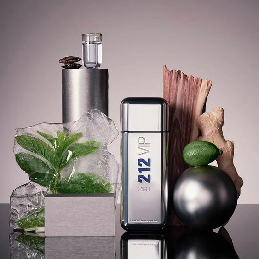 Carolina Herrera 212 VIP Men fragrance with mint and lime on glossy surface