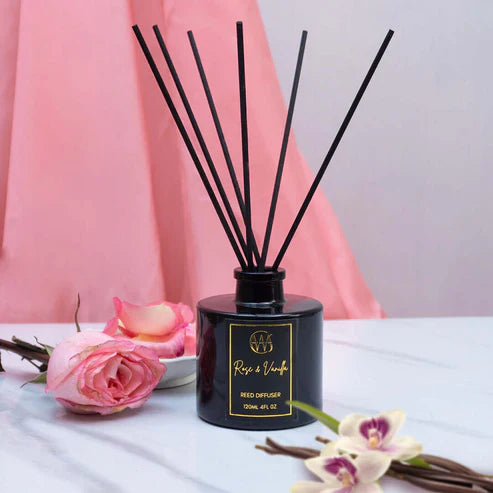 Candle Wick Store Rose and Vanilla Reed Diffuser 120ml Bottle and Packaging