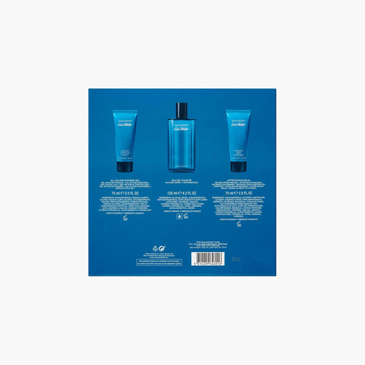 Back view of Davidoff Cool Water Eau De Toilette gift set with fragrance, aftershave, and shower gel in blue packaging