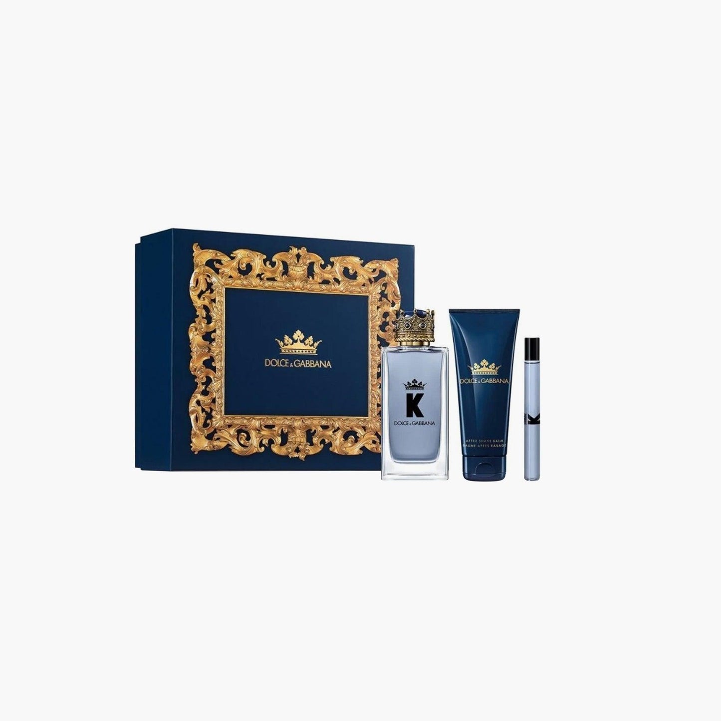 Dolce & Gabbana K fragrance set with Eau De Toilette, Shower Gel, and Travel Spray, packaged in a navy blue box with a golden crown design