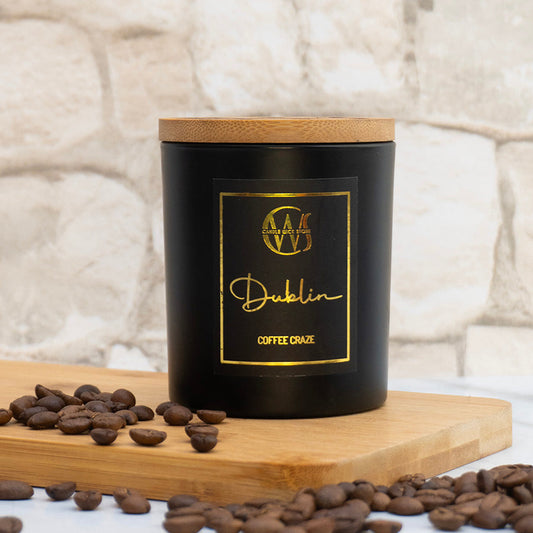 Candle Wick Store Dublin Candle With Coffee Craze Scent Bottle and Packaging