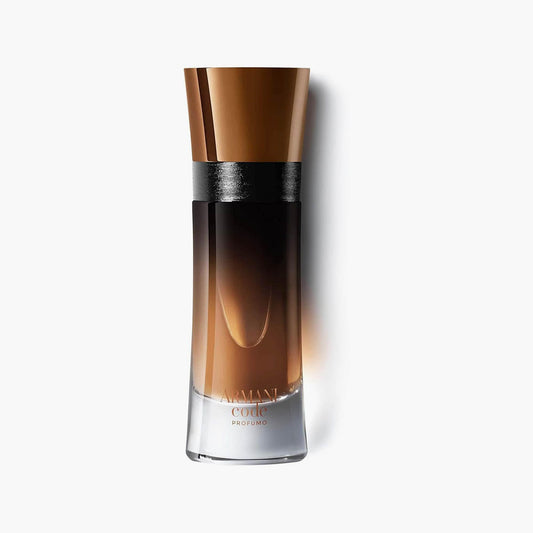 Giorgio Armani Code Profumo Eau De Parfum bottle in a sleek gradient design of amber and black with a metallic bronze cap on a white background.
