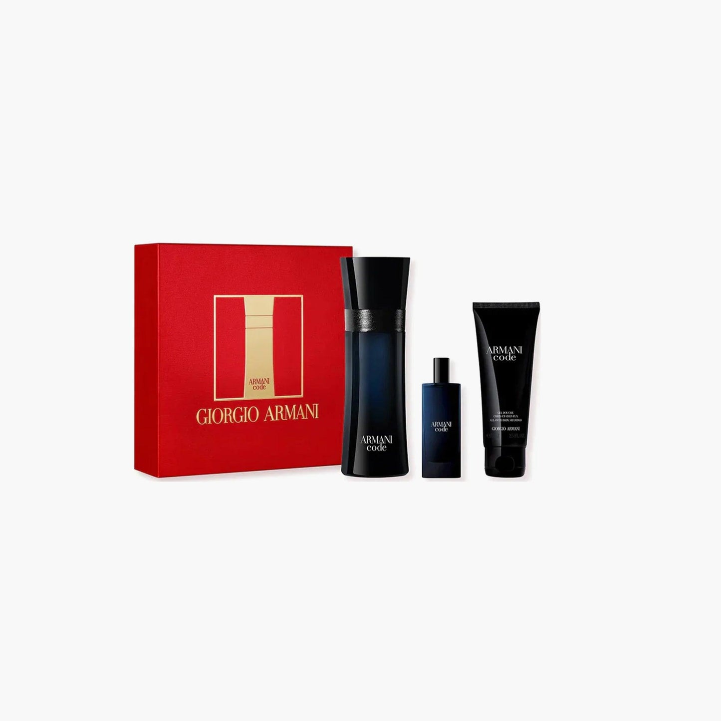 Giorgio Armani Code gift set featuring a black bottle of Armani Code Eau de Toilette, a smaller travel-size bottle, and a black shower gel, all presented in a luxurious red box with gold detailing.