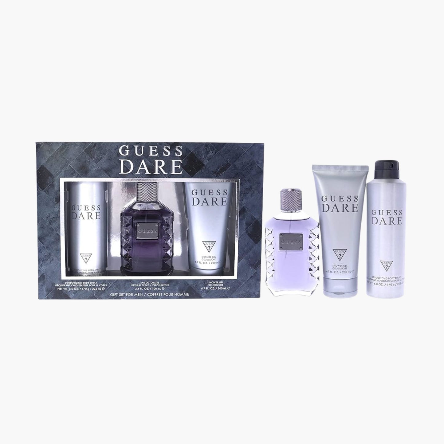 Guess Dare fragrance gift set for men with Eau De Toilette bottle, shower gel, and body spray in purple and silver packaging