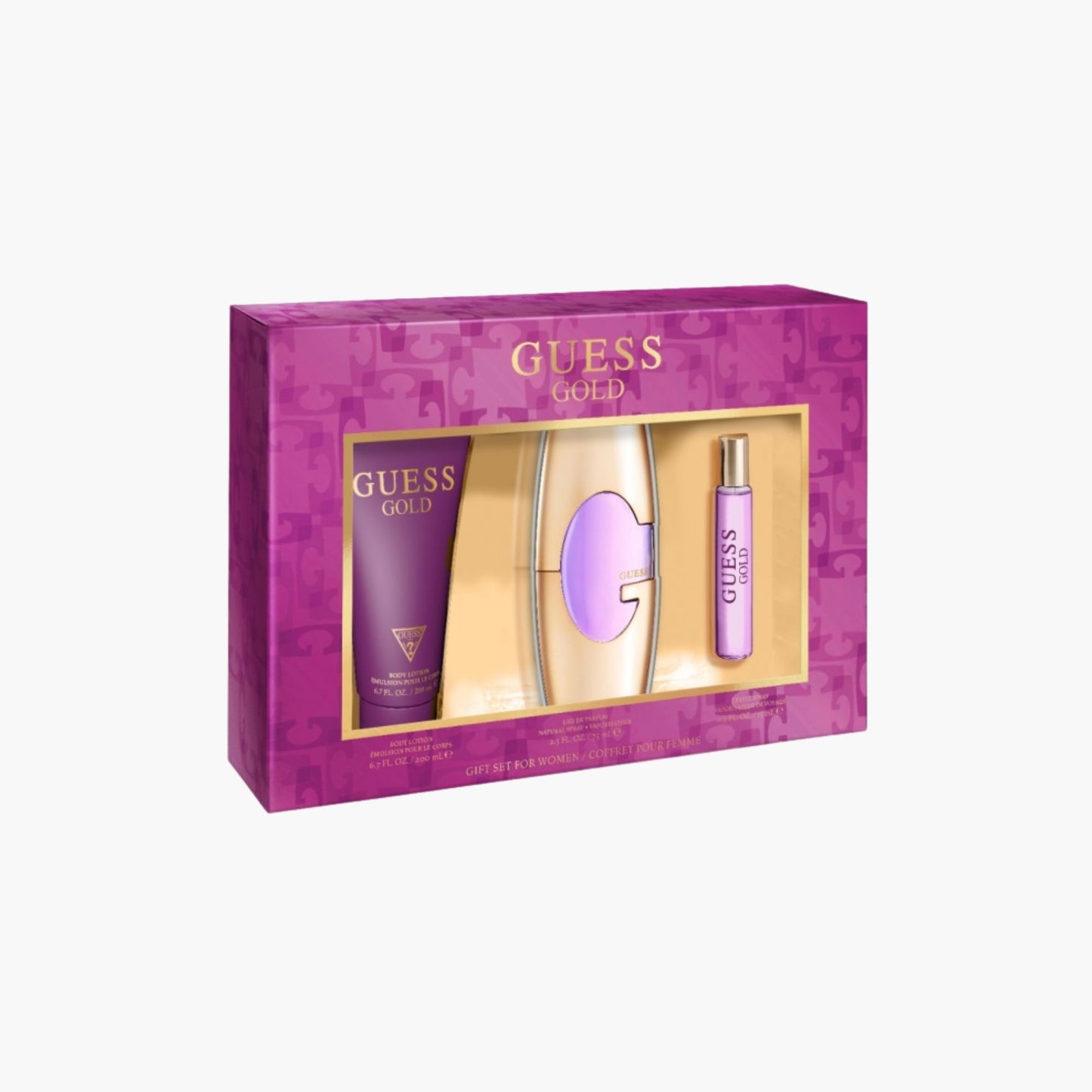Guess Gold fragrance gift set with Eau De Toilette bottle, body lotion, and rollerball in purple and gold packaging