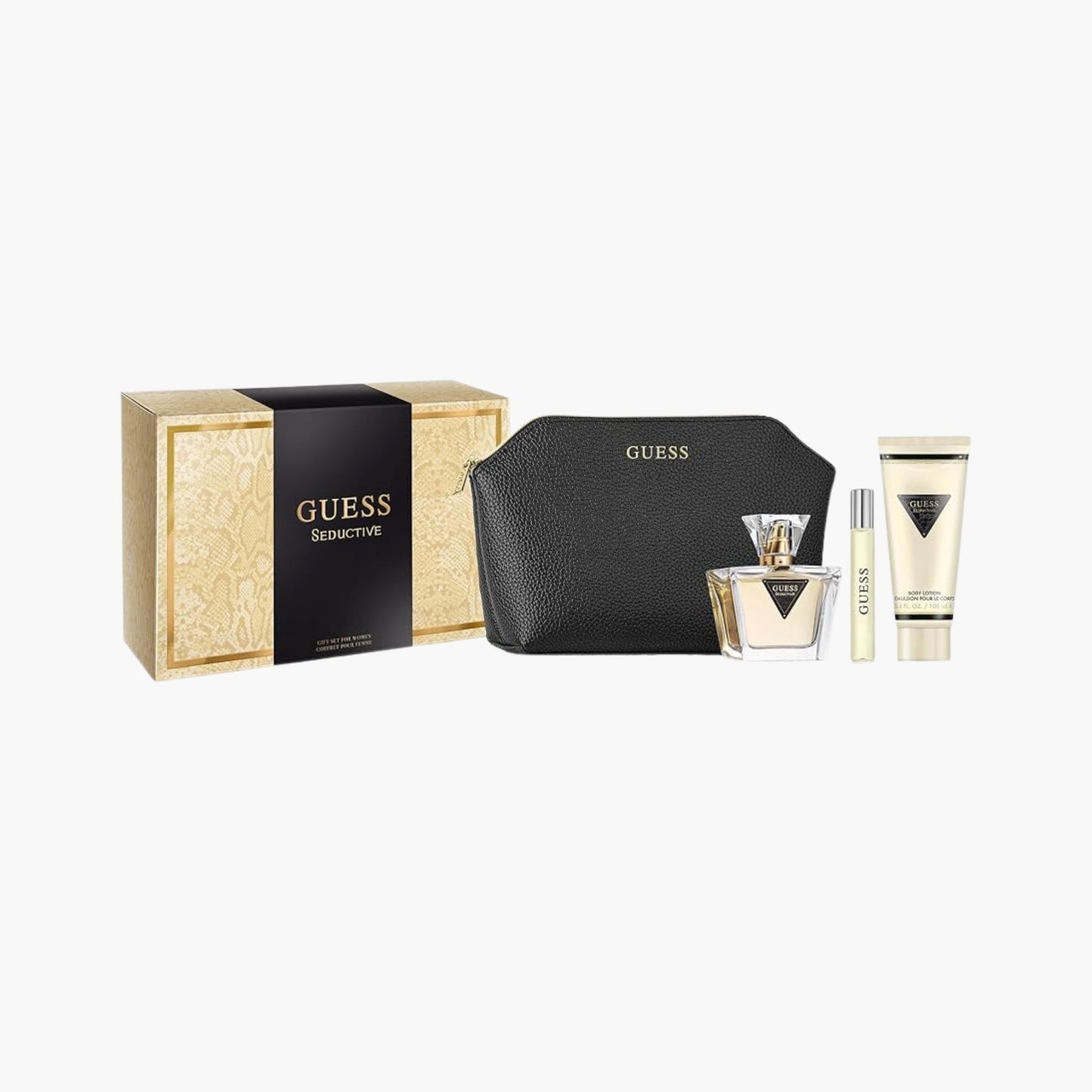 Guess Seductive fragrance gift set with Eau De Parfum bottle, rollerball, body lotion, black cosmetic pouch, and golden gift box packaging