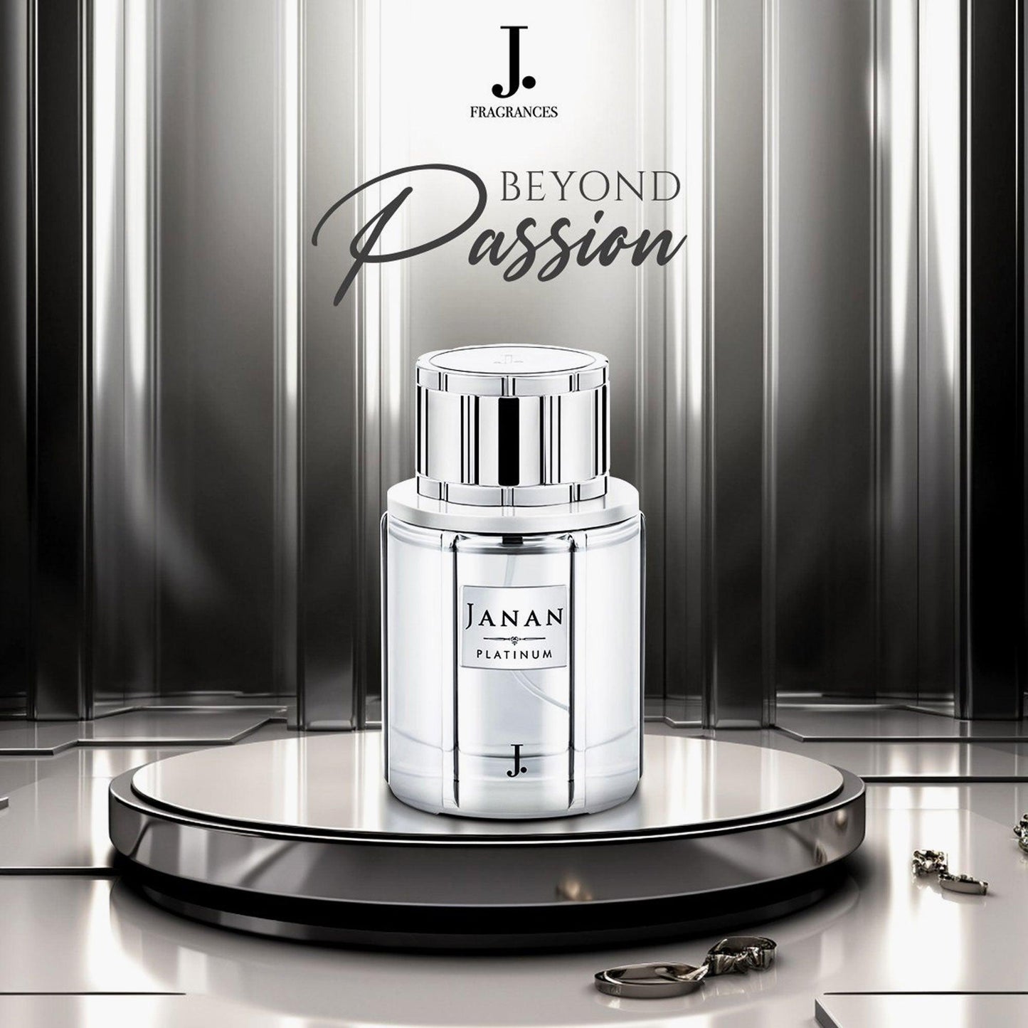 Janan Platinum Eau De Parfum bottle displayed on a silver pedestal with the text 'Beyond Passion' in the background and a sleek, modern metallic setting