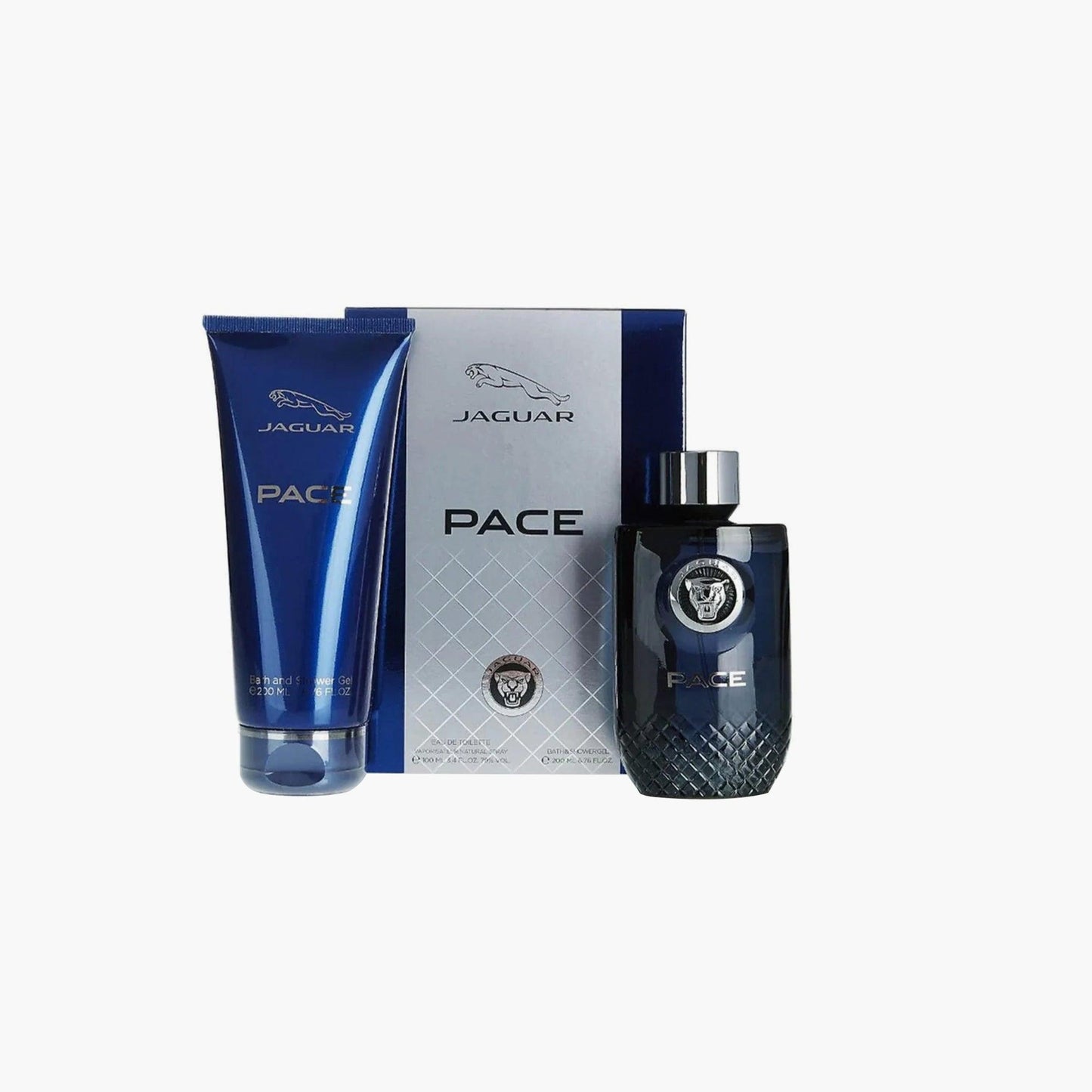 Jaguar Pace gift set featuring a sleek black bottle of Jaguar Pace cologne, a matching blue shower gel, and a luxurious silver and blue box.