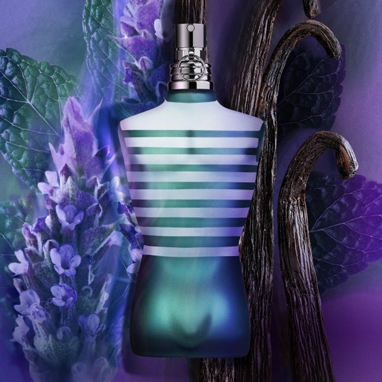 Jean Paul Gaultier Le Male Eau De Toilette in a striped bottle shaped like a torso, surrounded by lavender flowers and vanilla sticks on a purple background