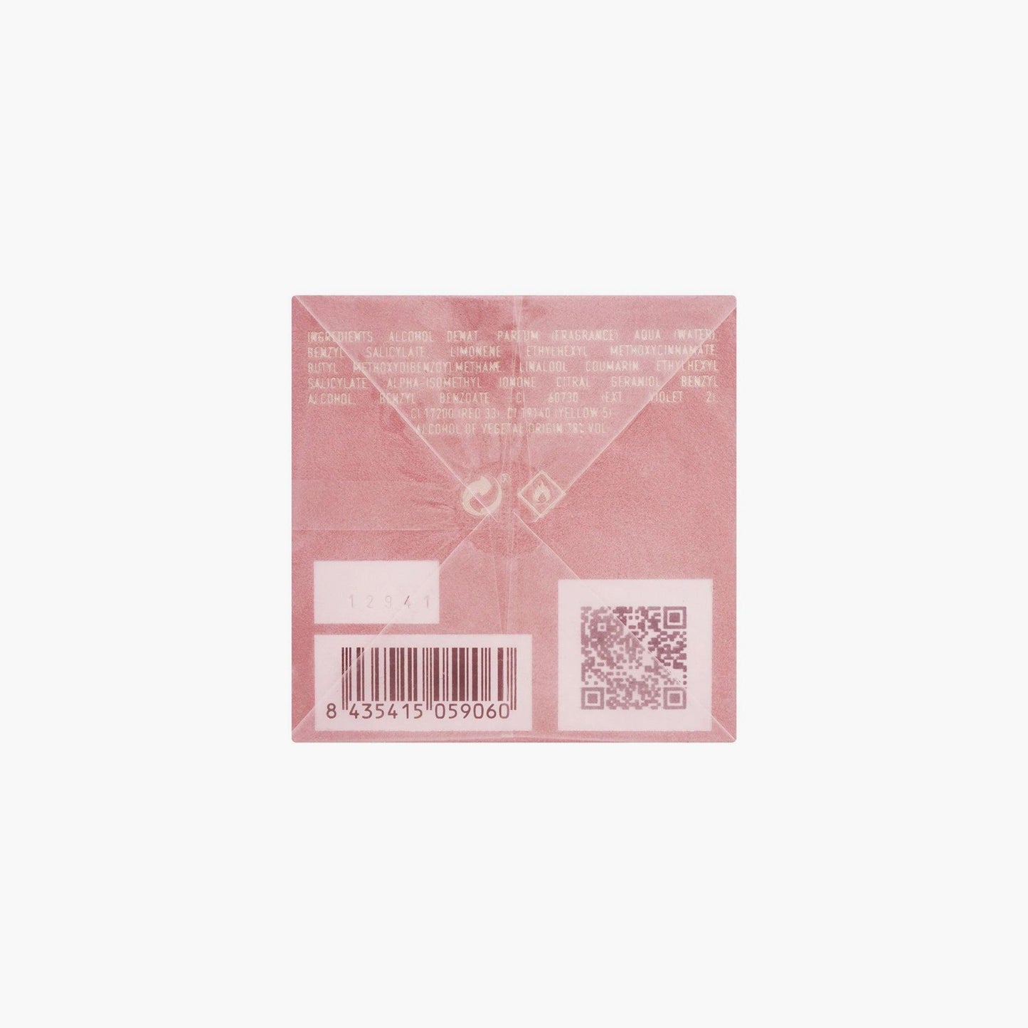 Back view of a pink perfume box showing ingredient list, barcode, and QR code printed on the packaging