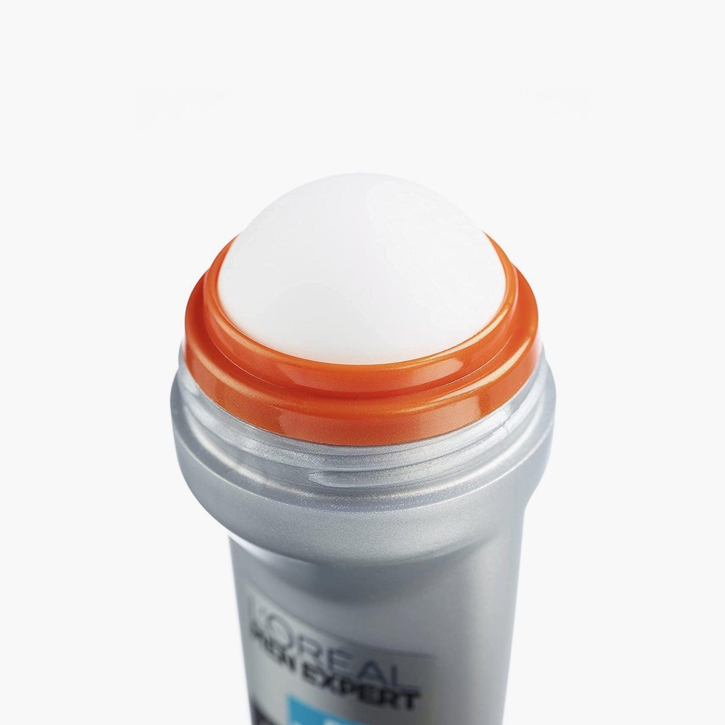 L'Oréal Men Expert product with a cooling roller ball applicator featuring a silver body and orange rim, designed for easy skincare application on a white background.