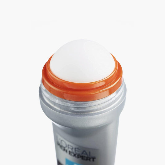 L'Oréal Men Expert cooling roller applicator with silver body and orange rim on white background