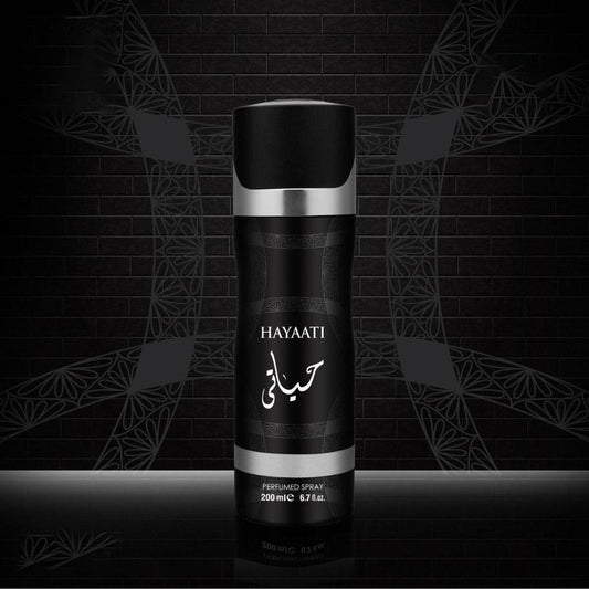 Lattafa Hayaati body spray bottle on black patterned background.