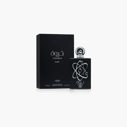 Lattafa Tharwah Silver Eau de Parfum 100ml Bottle and Box