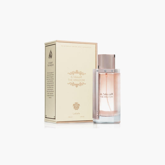 Lattafa The Kingdom perfume bottle with rose gold cap beside beige and gold box.