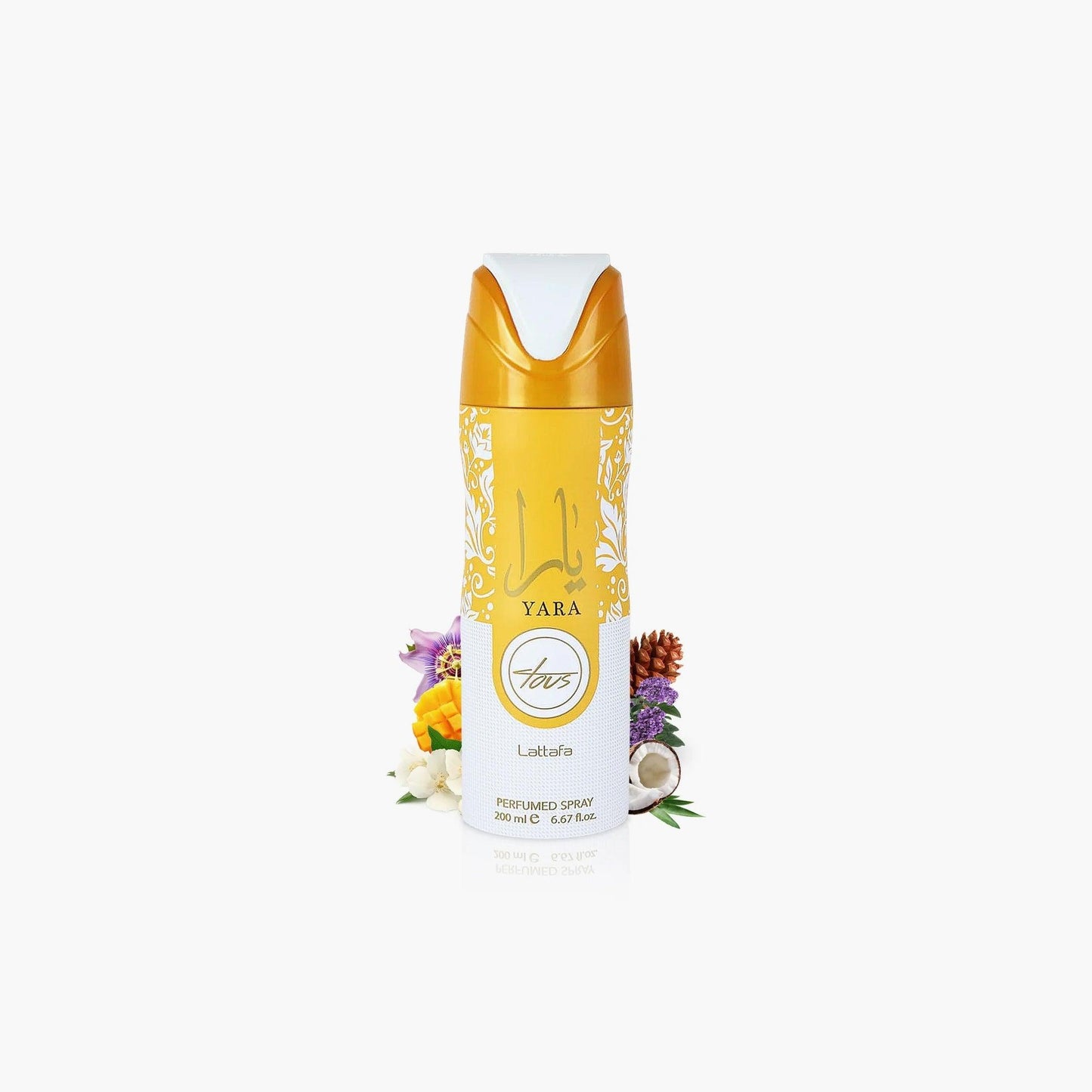 Lattafa Yara Tous perfumed body spray 200ml in yellow and white bottle placed on white background with tropical fruits and floral elements around the base