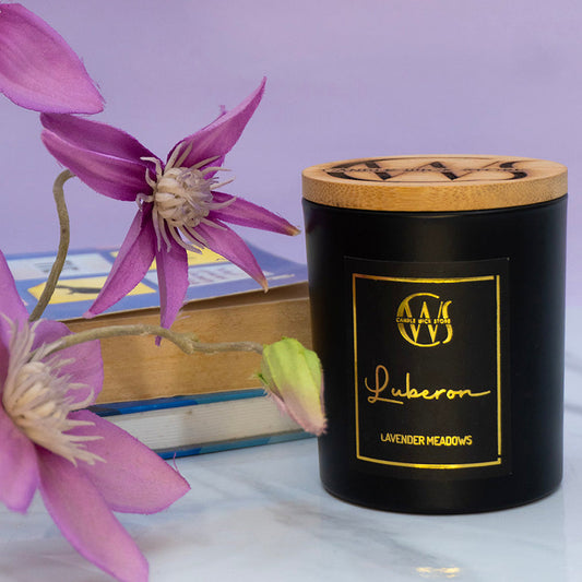 Candle Wick Store Luberon Candle with Lavender Meadows Scent Bottle and Packaging