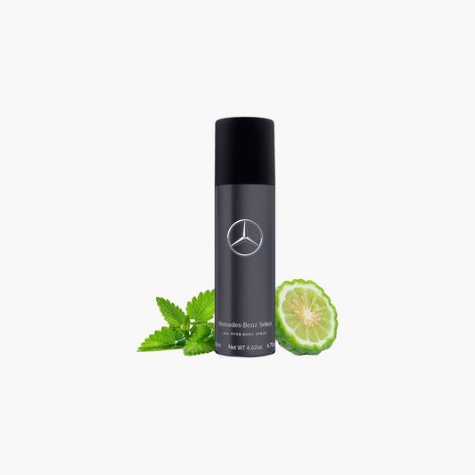 Mercedes-Benz Select body spray in a sleek grey bottle with black cap displayed on a white background with green mint leaves and bergamot fruit