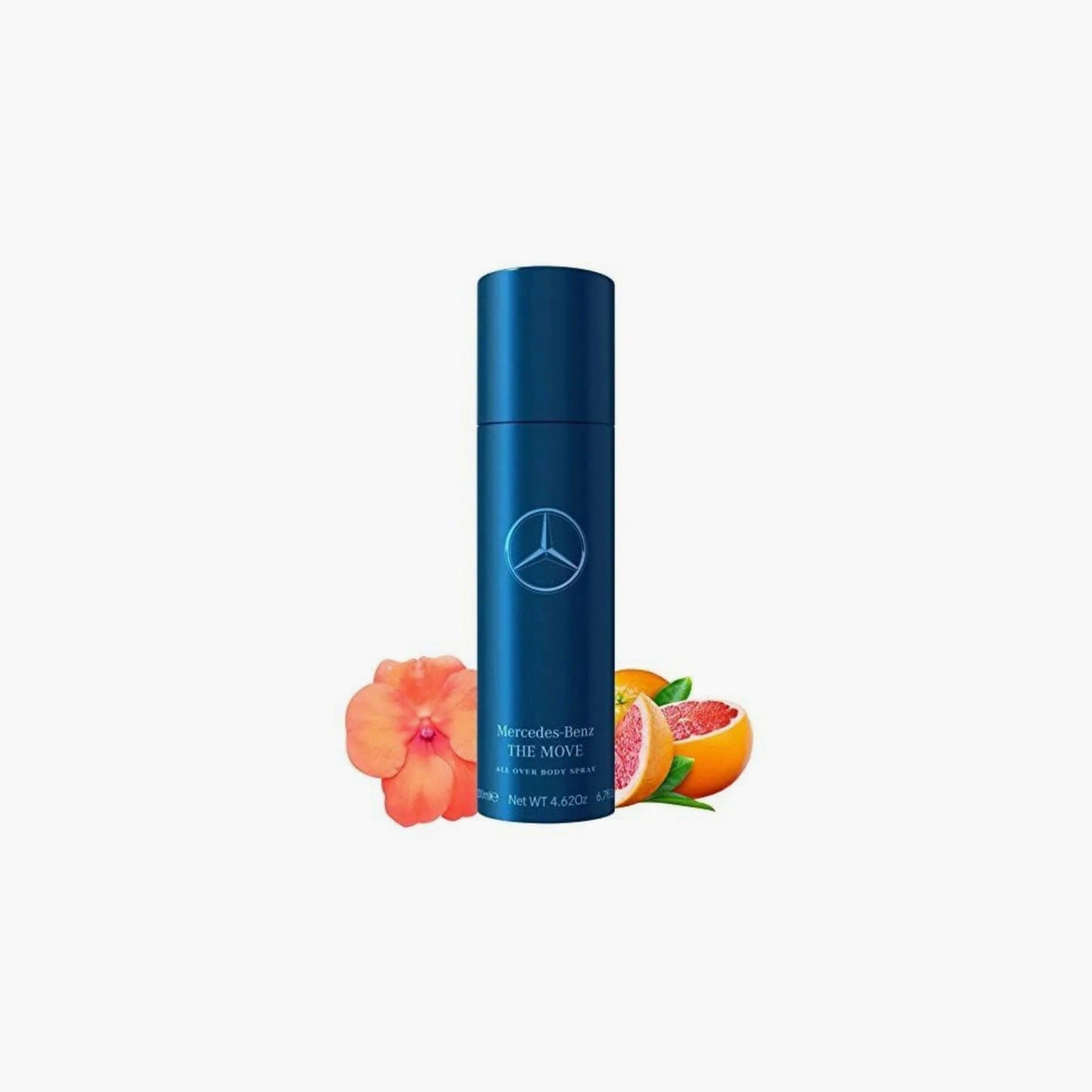 Mercedes-Benz The Move body spray in a sleek blue bottle displayed on a white background with orange and pink grapefruit slices and hibiscus flower accents