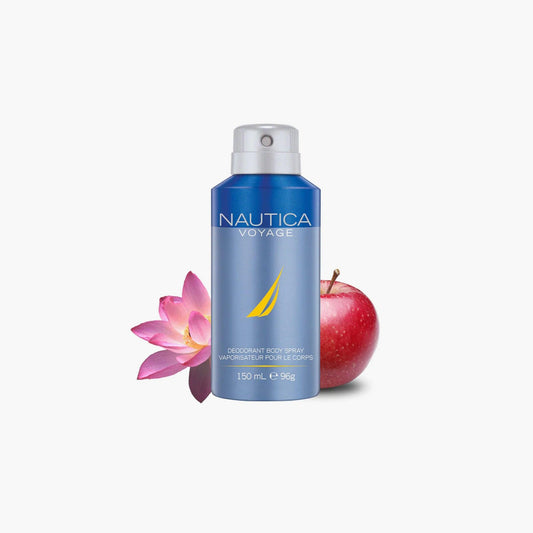 Nautica Voyage deodorant body spray 150ml bottle in blue color placed beside a red apple and pink lotus flower on a white background