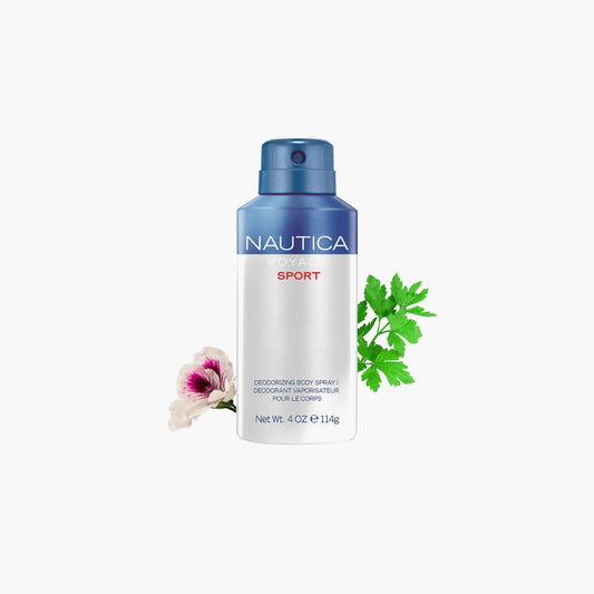 Nautica Voyage Sport deodorizing body spray bottle with blue and silver design placed beside green leaves and a pink flower on a white background