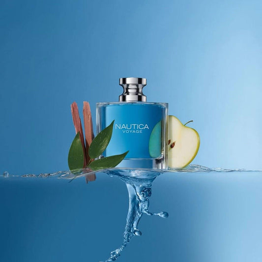 Nautica Voyage perfume bottle with water splash and apple.