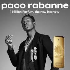 Promotional image for Paco Rabanne 1 Million Parfum featuring a stylish man in a black outfit and jewelry beside the iconic gold bottle, showcasing the fragrance’s bold and luxurious theme