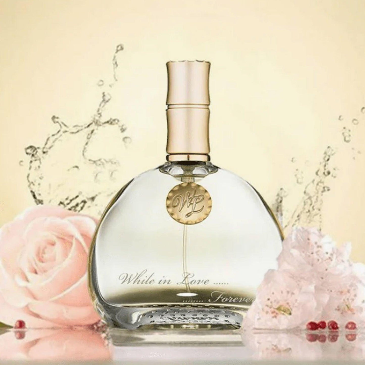 Rasasi While in Love Forever Eau De Parfum bottle displayed on a soft pastel Rasasibackground with pink roses, delicate blossoms, and water splash elements.