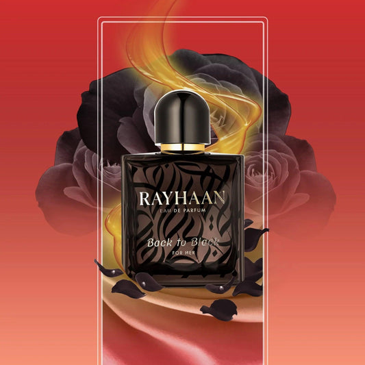 Rayhaan Back to Black For Her Eau De Parfum bottle in elegant black design surrounded by dark roses and golden smoke on a red gradient background